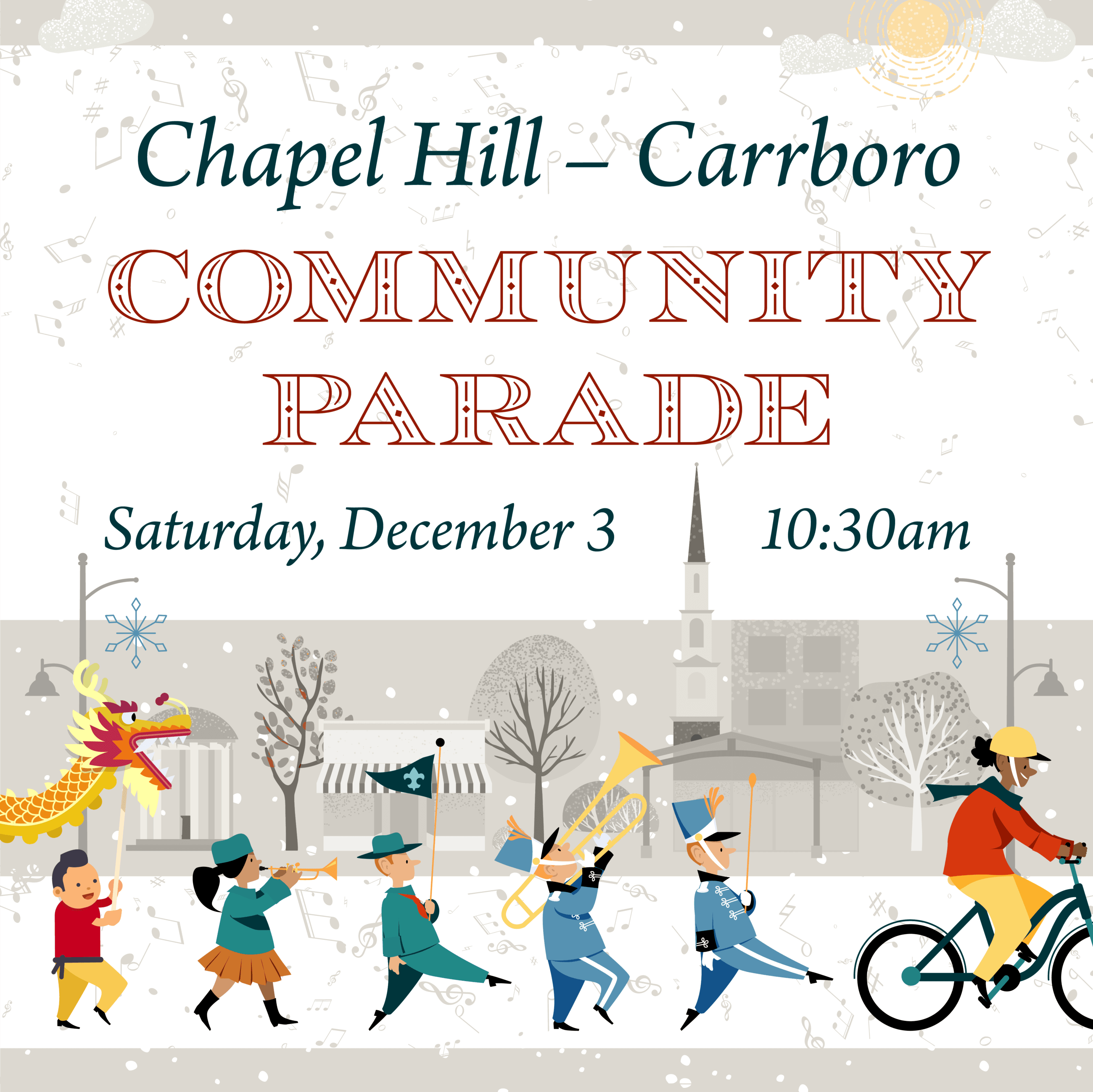 2022 Chapel Hill-Carrboro Community Parade logo depicts a festive scene of of a holiday parade